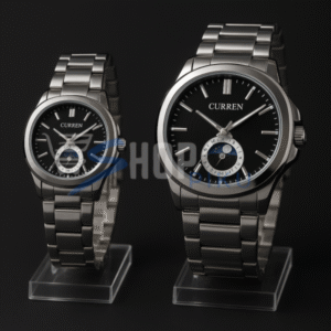 Curren Stainless Steel Couple Watch Set With Moonphase Design – Black Dial (with Box)