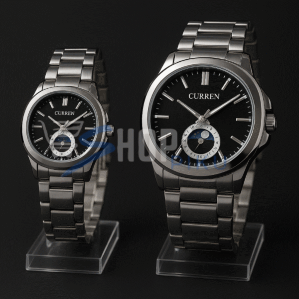 Curren Stainless Steel Couple Watch Set With Moonphase Design – Black Dial (with Box)