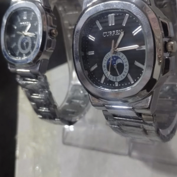 Curren Stainless Steel Couple Watch Set With Moonphase Design – Black Dial (with Box) - Image 4